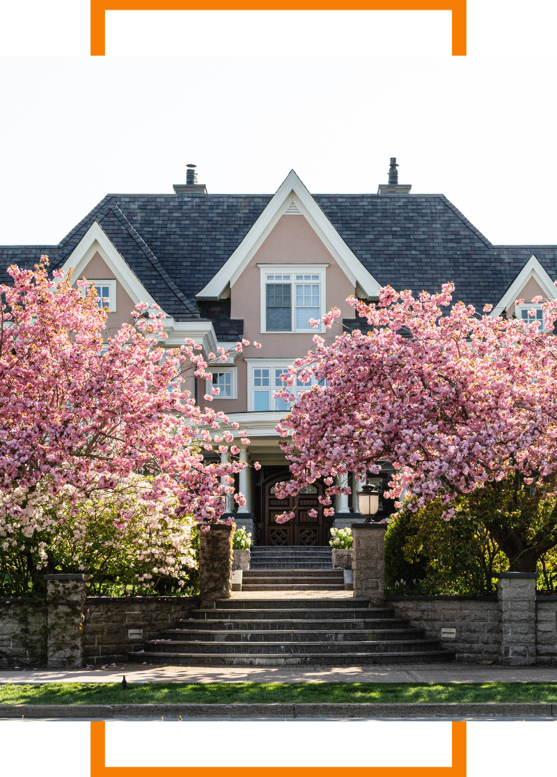House with colored trees in foreground