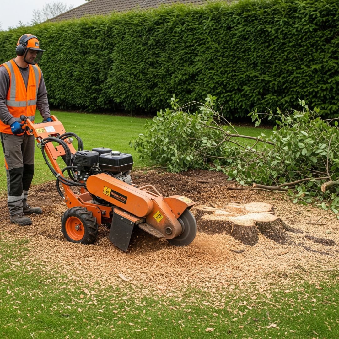 Stump grinder working beside a hedge — Tree removal Lynwood, IL