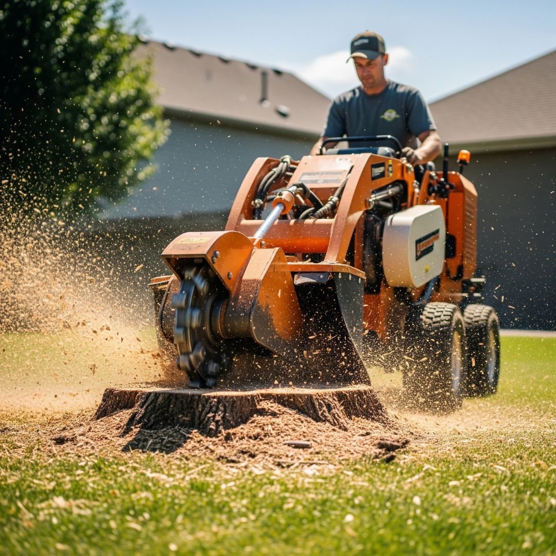 Stump grinder throwing a plume of chips — Tree removal Maywood, IL