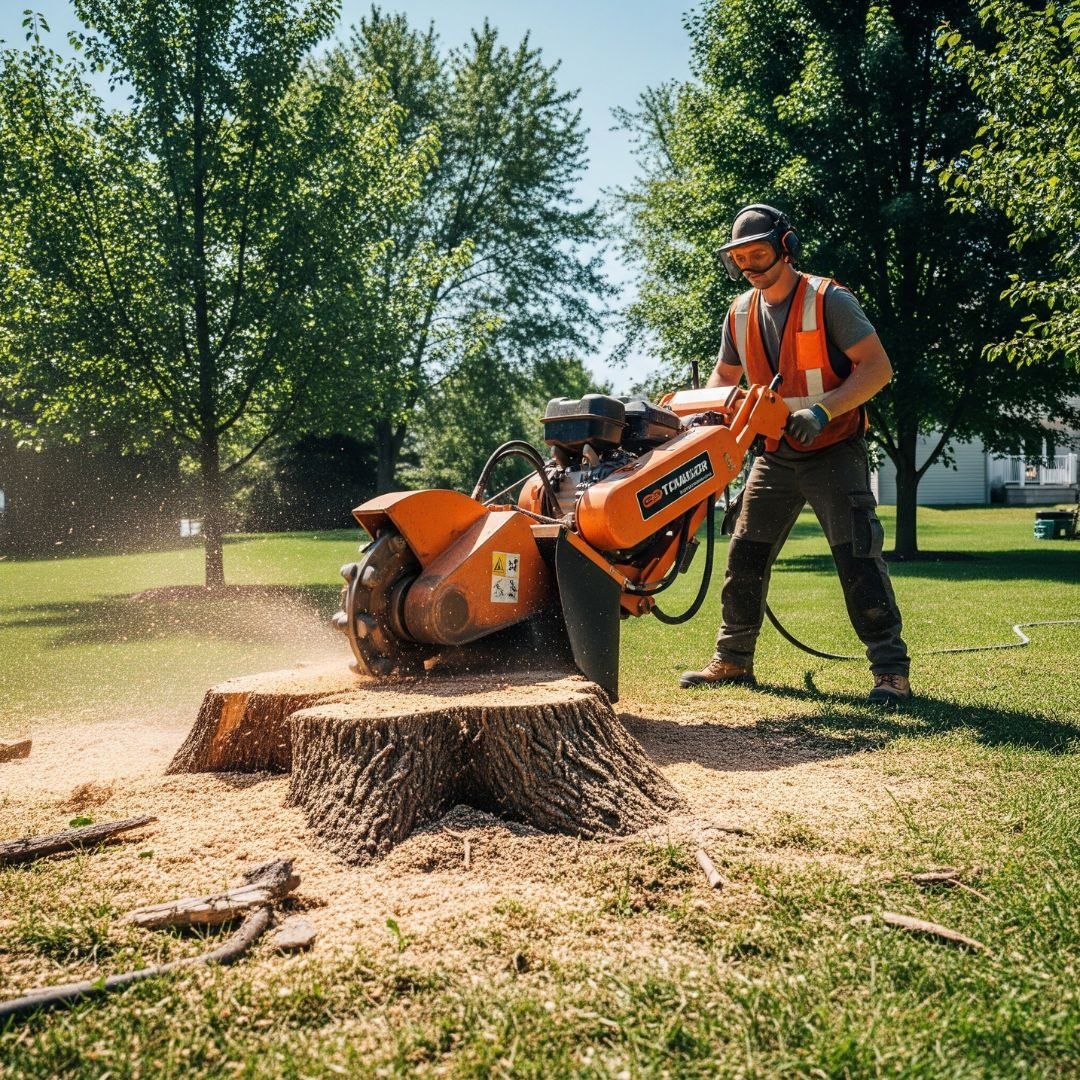 Worker grinding a stump in a park — Tree service Naperville, IL