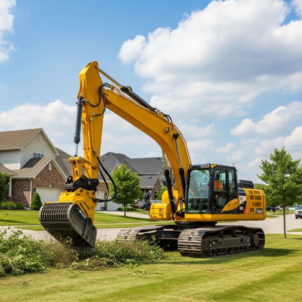 Heavy machinery performing land clearing on an overgrown residential plot