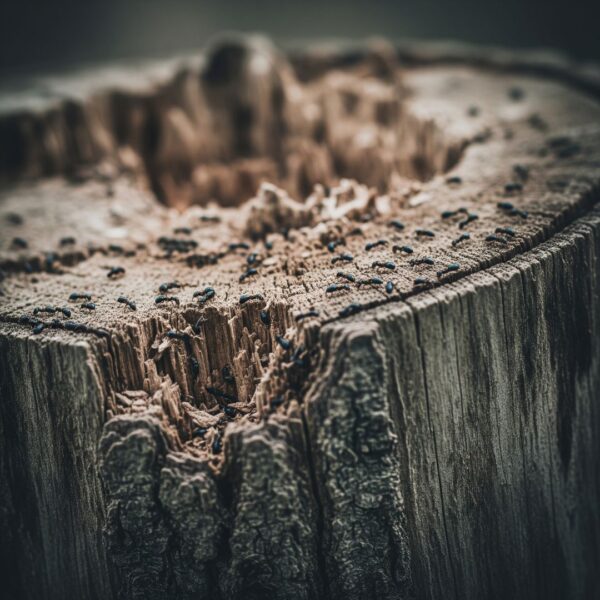 Close-up of a decaying tree stump with visible termites