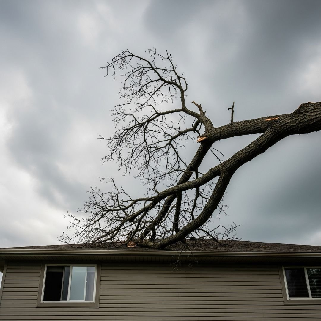 Tree blown down against a house — Tree service West Chicago, IL