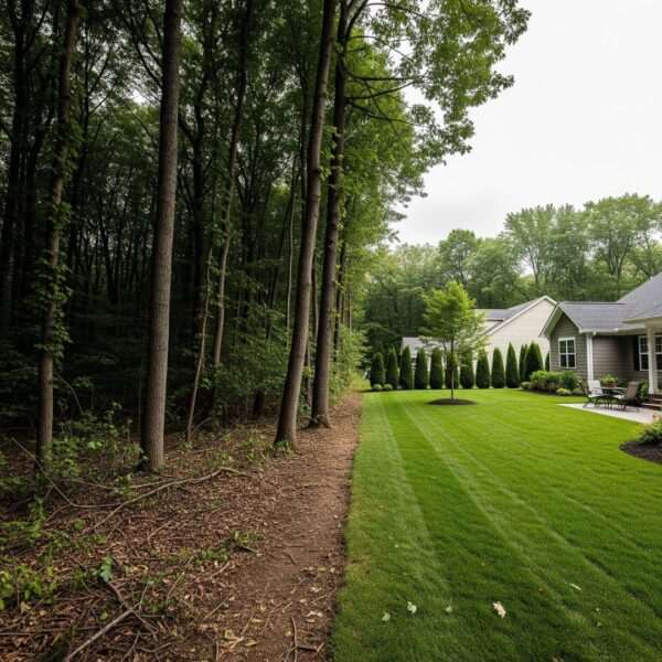 A clear boundary between dense woods and a freshly cleared residential yard