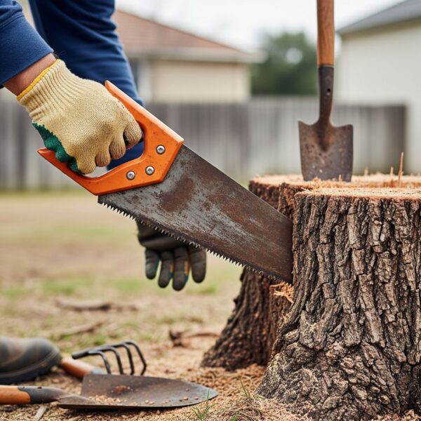A person struggling with a small hand saw next to a large tree stump