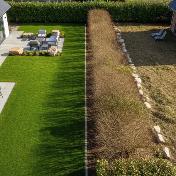 Aerial view of a residential property showing a transformed, usable space after land clearing
