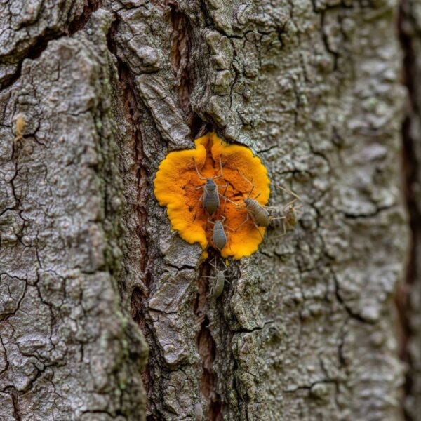 Close-up of tree bark with visible signs of fungus or small insect pests