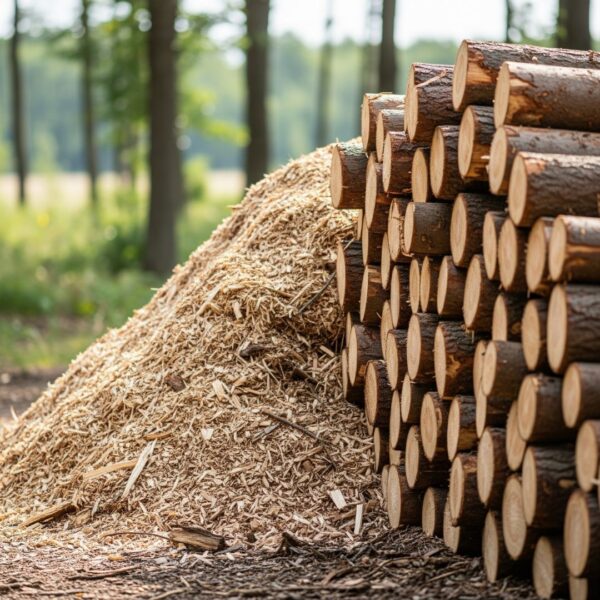 Neatly stacked logs and wood chips
