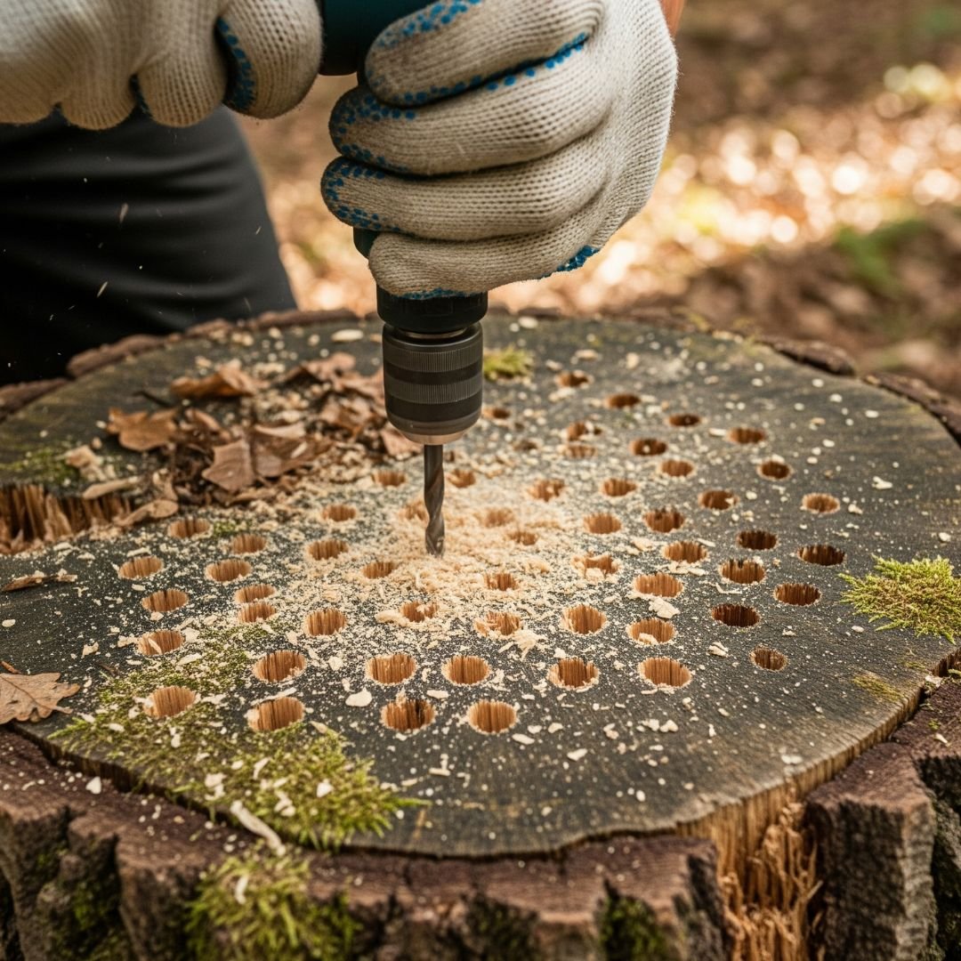 Drill boring holes in a cut stump — Tree service Orland Park, IL
