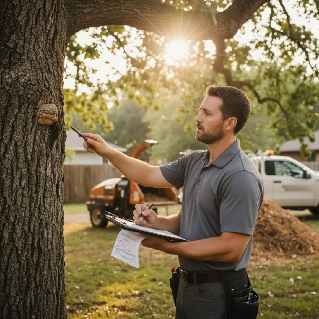 Arborist making notes beside a work truck — Tree removal Inverness, IL