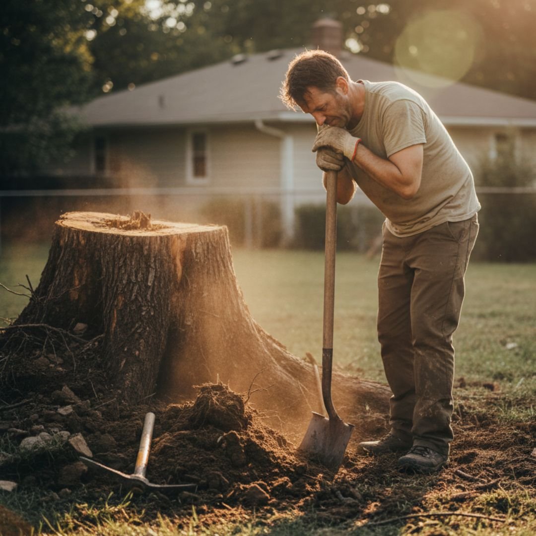 Worker digging out a stump — Tree removal Park Ridge, IL
