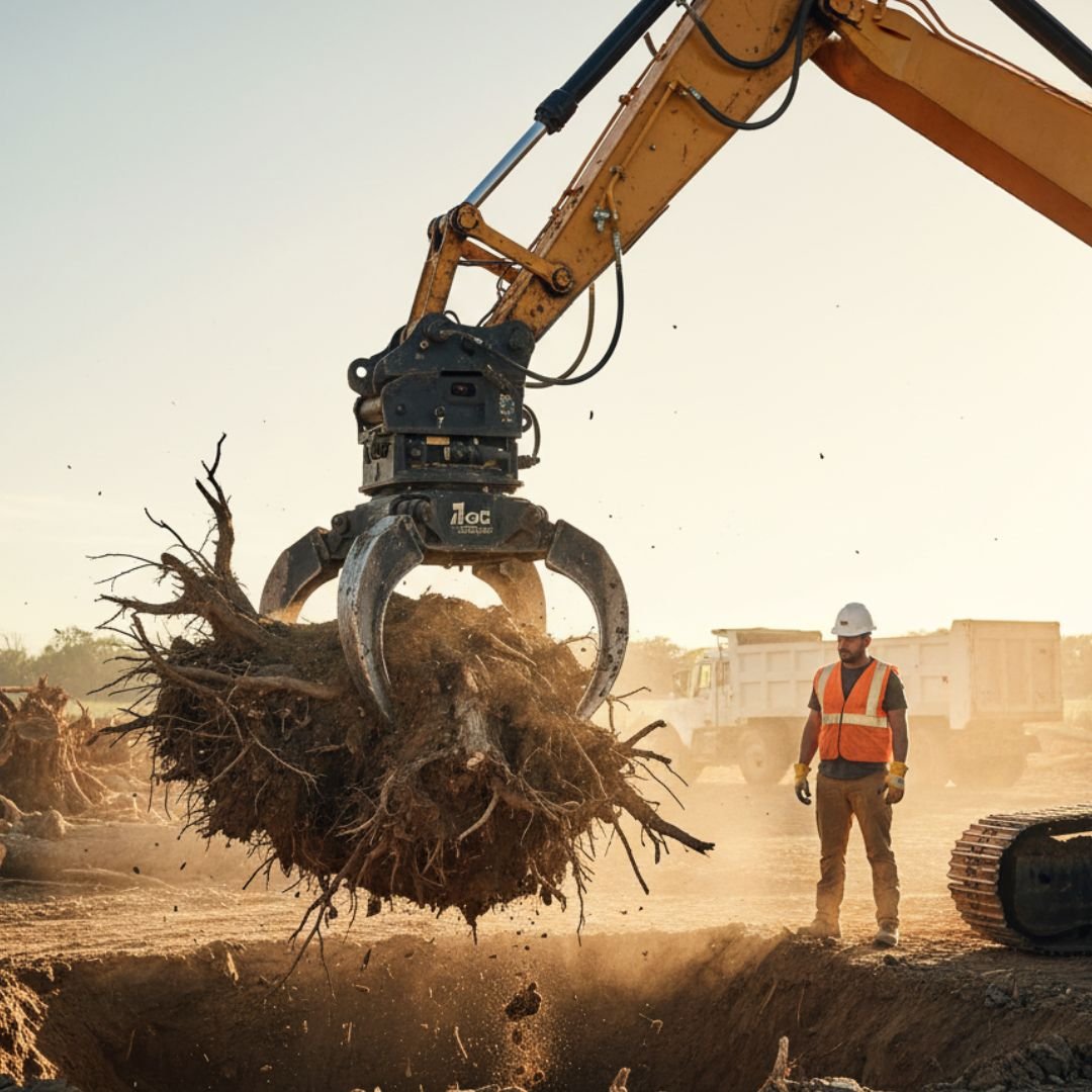 Excavator lifting a root mass — Tree removal Richton Park, IL