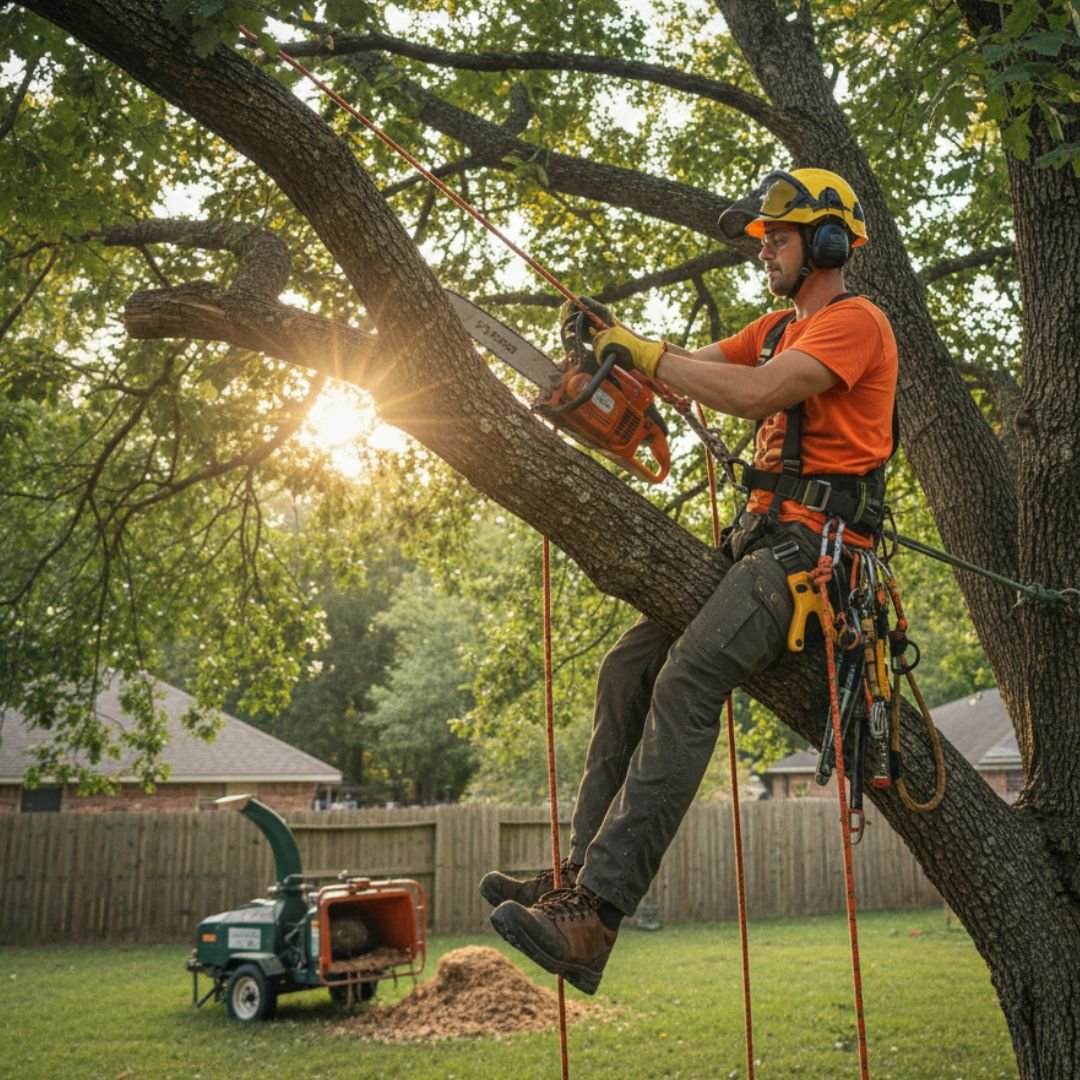 Climber roped into a canopy — Tree removal Western Springs, IL
