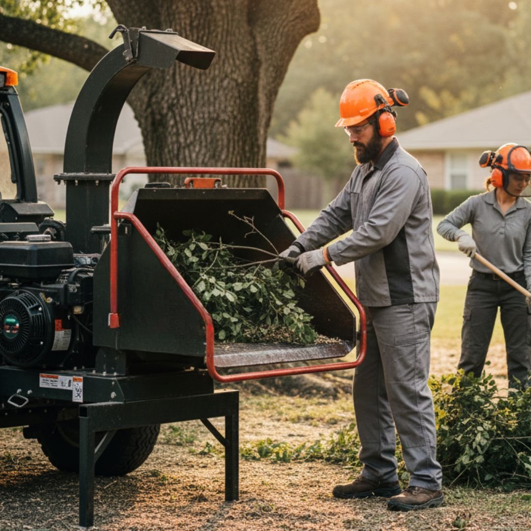 Crew feeding brush into a chipper — Tree service Sauk Village, IL