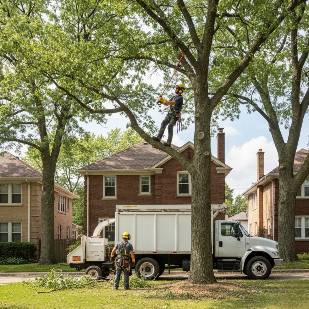 Crew and truck working a residential street — Tree removal Wheeling, IL