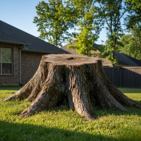 large stump in middle of back yard