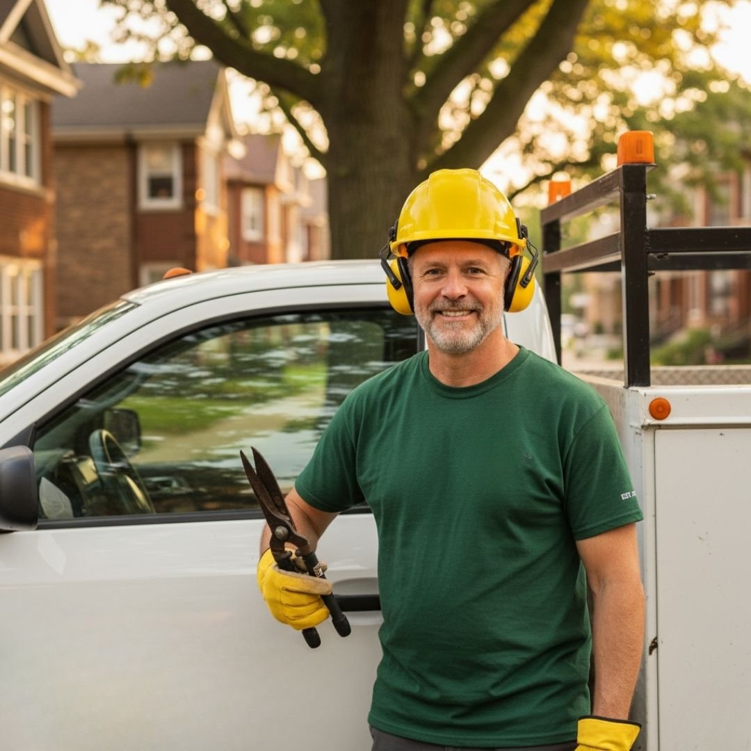Arborist beside a work truck — Tree removal in Winfield Indiana