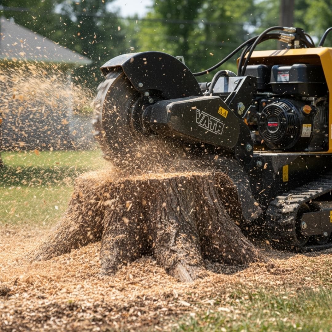 Stump grinder mid-cut — Tree removal Streamwood, IL