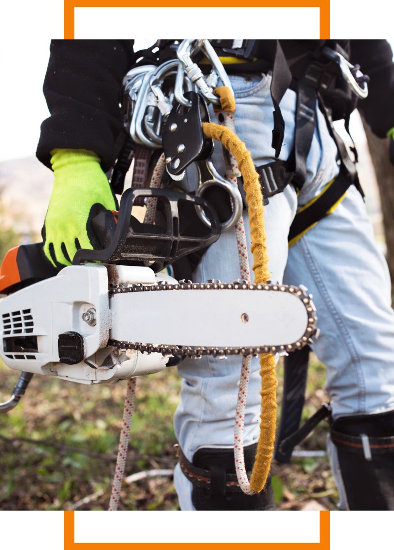 a person holding a chainsaw